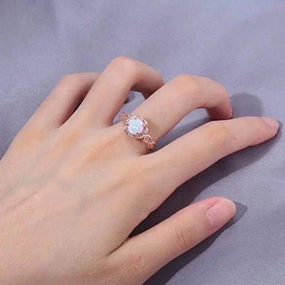 NEW Rose Gold Round Opal Diamond Halo Twist Ring - Picture 4 of 10